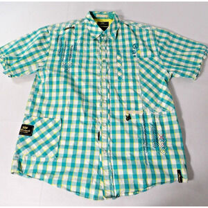 Akademiks Shirt XL Plaid Teal Yellow White Button Up Y2K Hip Hop Colorful Logo C